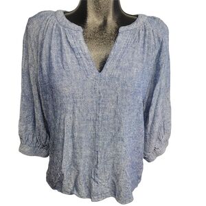 Chaps Blue Chambray Linen Blend V Neck Boho Blouse With Cropped Sleeves L